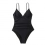 Solid Burgundy Shirring One-piece Swimsuit Women Deep V-neck Removable Bra Plain Monokinis New Summer Beach Swimwear
