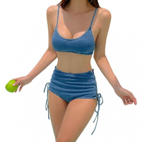 2 Pcs/Set Denim Tie Women Bikini Set Backless Spaghetti Stap Swimsuit Padded Lace Up Hollow Out Summer Swimwear for Swimming