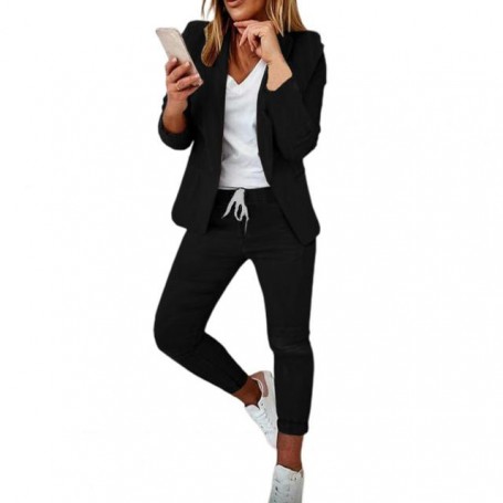 1 Set Stylish Formal Suit Set Autumn Winter Suit Set Long Sleeve Ankle Tied Pure Color Blazer Elastic Waist Pants