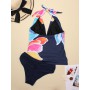 V Neck Tummy  Bikini Women's Swimsuit Ink-blue Printed Swimwear  Low Waist Padded Female Beach Bathing Suit
