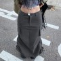 Gray Solid Casual Midi Cargo Skirts Womens Pockets Stitching Streetwear Side Shirring Tie Up Jupe Vintage Preppy Skirt