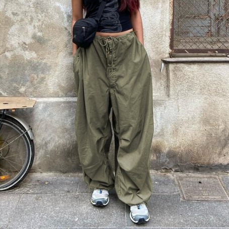 Casual Baggy Wide Leg Sweatpants Drawstring Low Waist Streetwear Cargo Pants Womens Hippie Joggers Trousers