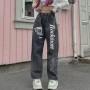 Black Jeans Fairycore Printed Wide Leg Cargo Jeans Women Streetwear Boyfriend Mom Pants Baggy  Aesthetic