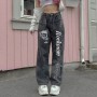 Black Jeans Fairycore Printed Wide Leg Cargo Jeans Women Streetwear Boyfriend Mom Pants Baggy  Aesthetic