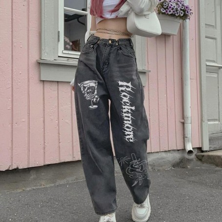 Black Jeans Fairycore Printed Wide Leg Cargo Jeans Women Streetwear Boyfriend Mom Pants Baggy  Aesthetic