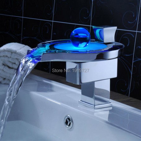 New Design Three Color Temperature Controlled  LED Light Bathroom Waterfall Mixer Tap Single Handle Vessel Sink Basin Faucet