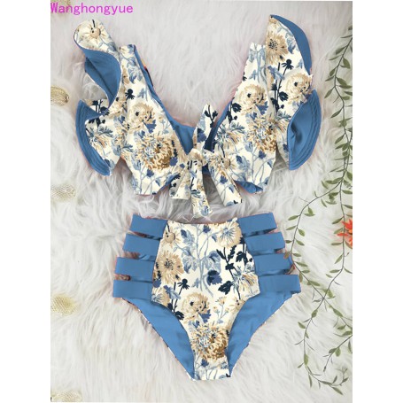 Sexy High Waist Bikinis New Print Swimwear Women Swimsuit Shoulder Ruffle Bathing Suits Beach Wear Push Up Biquini Female