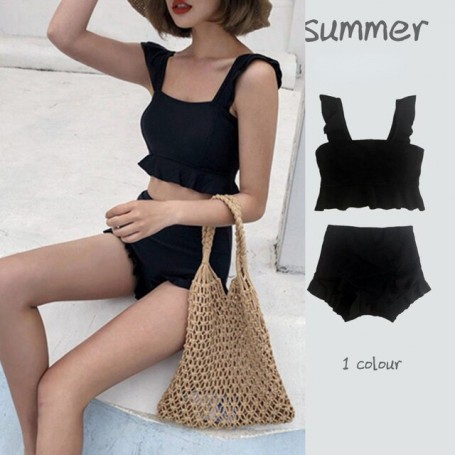 Bikini Set Women Sexy Sleeveless Halter High Waist Bodycon Two Piece Swimsuit Black Solid Casual Beachwear Summer Korean Simple