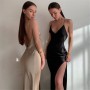 Summer Party Dress Elegant Ladies Sleeveless Backless Club Wear Women Sexy Silk Satin Spaghetti Straps Split Long Dresses