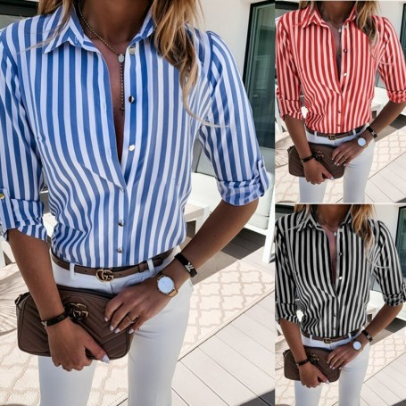 Long Sleeve Shirt Women  Popular Autumn Collared Shirt Womens V Neck Button Stripe Printed Women's Shirt