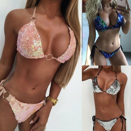 HOT Women Shiny Rhinestone Sexy Bikini Set Swimsuit Lady O-ring Push-up Padded Bra Sequin Beachwear Swimwear Bathing Suit