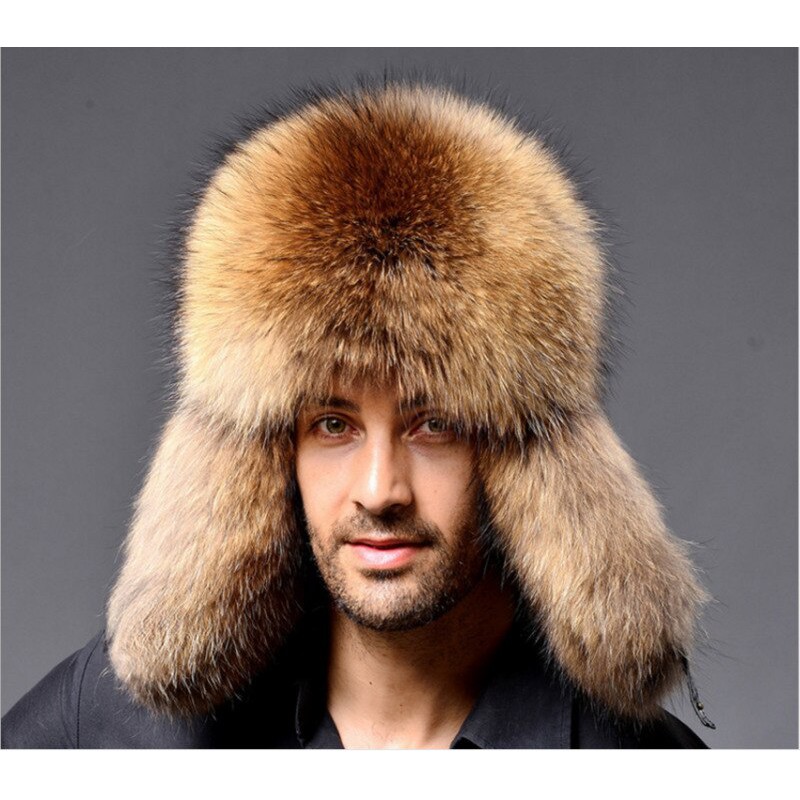 Hot Functional Leather Russian Ushanka Men's Winter Warm Real Raccoon