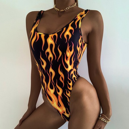 Sexy one piece suit Yellow fire print swimwear women High cut retro monokini one-piece swimsuit female bathing suit new