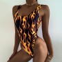 Sexy one piece suit Yellow fire print swimwear women High cut retro monokini one-piece swimsuit female bathing suit new