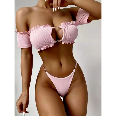 Sexy Solid Bikinis Women Off Shoulder Hollow Out Thong Swimsuit Brazilian Bathing Suit Ruffle Push UP Swimwear Biquini Swim
