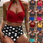 Women Bikinis Vintage Swimsuit Two Piece Retro Halter Ruched High Waist Print Bikini Summer Hot Sale Push Up Bra Dropship