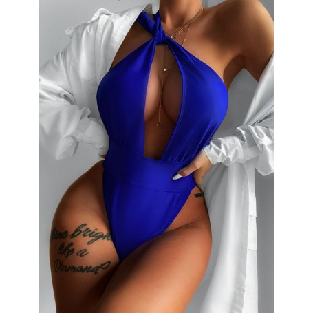 New Blue Swimsuit One Piece Swimwear Women One Shoulder Bodysuit Solid Beachwear Backless Bathing Suit