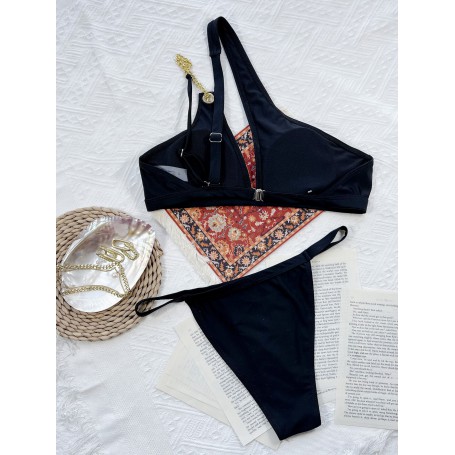 New Sexy One Shoulder Two-pieces Bikini Set Swimwear Female Black Chain Swimsuit Bathing Suit Swim