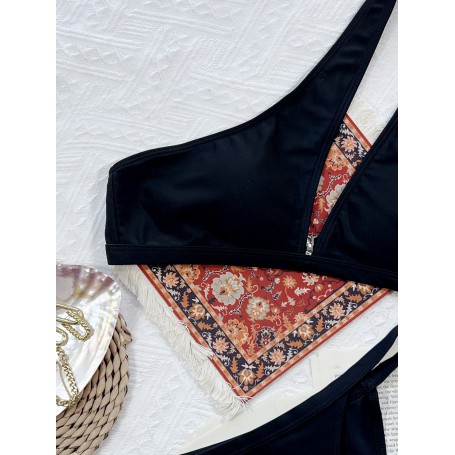 New Sexy One Shoulder Two-pieces Bikini Set Swimwear Female Black Chain Swimsuit Bathing Suit Swim