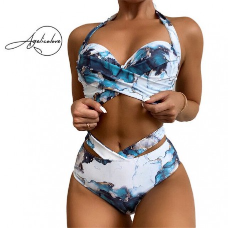 Sexy Bikinis Wome Summer Two Piece Marble Print Swimsuit Female Push Up Halter Ruched Wrap Front High Waist Bathing Suit