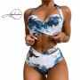 Sexy Bikinis Wome Summer Two Piece Marble Print Swimsuit Female Push Up Halter Ruched Wrap Front High Waist Bathing Suit