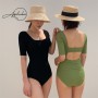 Korean Style One Piece Swimwear Women Square Collar Half Sleeve Padded Swimsuit Bathing Beach Wear Monokini Ladies