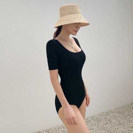 Korean Style One Piece Swimwear Women Square Collar Half Sleeve Padded Swimsuit Bathing Beach Wear Monokini Ladies