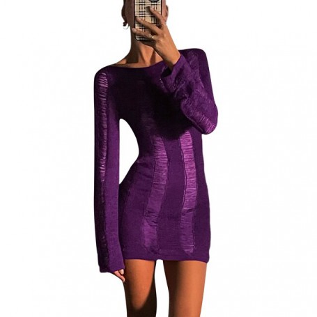 Crochet Knit Mini Bodycon Dress for Women Sexy Backless Hollow Out Knitted Cover Up Summer Long Sleeve Beach Dress
