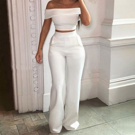 Elegant White Womens Two Peice Sets Off Shoulder Crop Top Women Pant Sets Elastic Waist Long Pants Ensemble Femme 2 Pieces