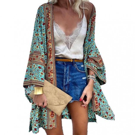 Open Front Bohemian Long Sleeves Floral Print Topper Cardigan Women
