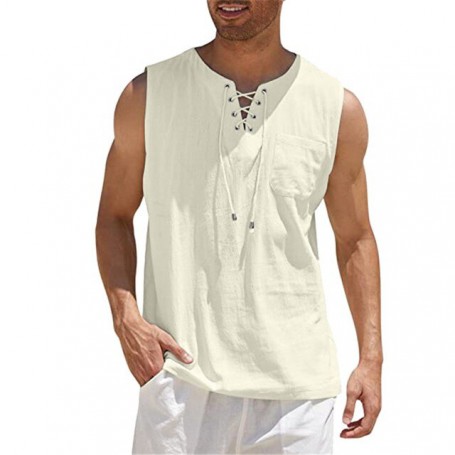 Casual Sports  Sleeveless Tops Lace Up V Collar Pullover Shirt Fitness Muscle Tank Tops Men