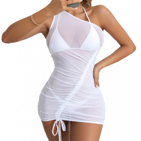 Beach Draw String Sheer One Shoulder Mini Dress Cover Ups Women