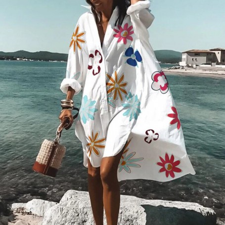 Beach Dress Bikini Cover-Up Bohemian Printed Beachwear Robe V-Neck Long Sleeve Swim Wear Cover Ups Women