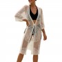 Women's Swimsuit Cover Ups, Long Sleeve Open Front Sheer Lace Trim Crochet Flowy Kimono