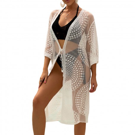 Women's Swimsuit Cover Ups, Long Sleeve Open Front Sheer Lace Trim Crochet Flowy Kimono