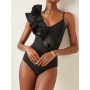 Solid Black Ruffled Bikini Set V-neck One-piece Swimsuit No Sleeves Women Bathing Suit Slim Summer Beachwear Backless Surf Wear