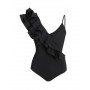 Solid Black Ruffled Bikini Set V-neck One-piece Swimsuit No Sleeves Women Bathing Suit Slim Summer Beachwear Backless Surf Wear