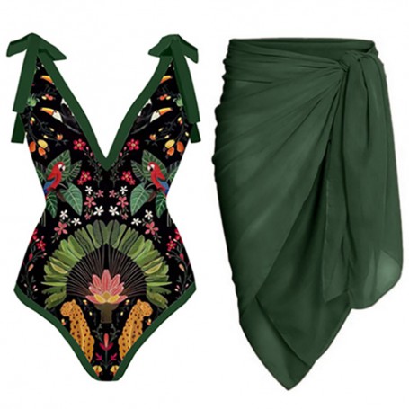 Women One Piece Swimsuit with Skirt Green Swimwear Cover Up Female Retro Holiday Beach Dress Summer Surf Wear