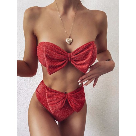 Silk Bikini Cute Bow Beach Wear New Push Up High Waist Bathing Suit 2 Piece Sets Sexy Strapless Swimming Suit for Women