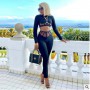 Women’s Two Piece Outfits Long Sleeve Sheer Mesh Patchwork Crop Top and Pants