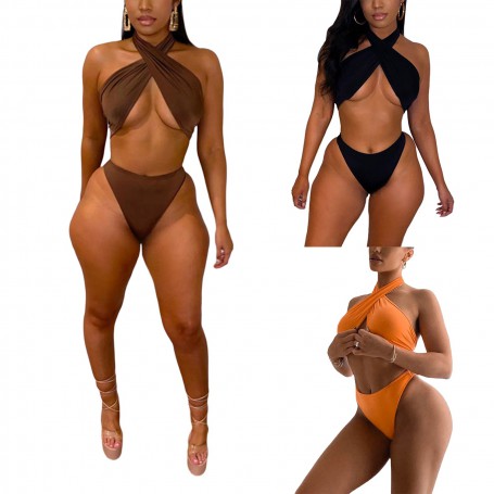 Women Two-piece Swimwear Set Solid Color Halter Neck Sleeveless Tops and Low Waist Shorts Black/ Orange/ Brown Bikini Set