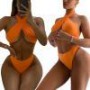 Women Two-piece Swimwear Set Solid Color Halter Neck Sleeveless Tops and Low Waist Shorts Black/ Orange/ Brown Bikini Set