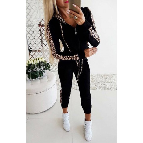 Womens Tracksuits Leopard Print 2Pcs Sets Long Sleeve Zipper Hoodies Sweatshirt+Pants Sets Autumn Sport Wear