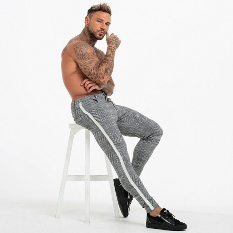 Mens Plaid Pants Slim Fit Tracksuit Pencil Pants Skinny Men's Button Trousers Long Pants Casual Side Striped Pants