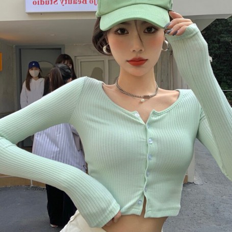 Cardigan Women Crops Stretchy Casual Retro Sexy Autumn Slim All-match Streetwear Single Breasted Chic Female Knitwear Tender Fit