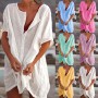 Beach Swimsuit Cover-Ups Women Cotton Cover Up Swimwear Casual Short Sleeve Long Blouse Solid Color Beach Dress