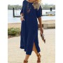 Casual Pocket Long Sleeve Loose Slit Beach Dresses   Breathable Cover-Ups Vintage Women Solid Cotton Linen Sundress