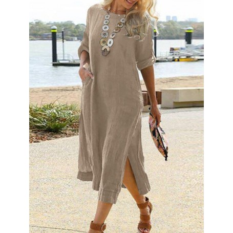 Casual Pocket Long Sleeve Loose Slit Beach Dresses   Breathable Cover-Ups Vintage Women Solid Cotton Linen Sundress