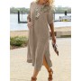 Casual Pocket Long Sleeve Loose Slit Beach Dresses   Breathable Cover-Ups Vintage Women Solid Cotton Linen Sundress