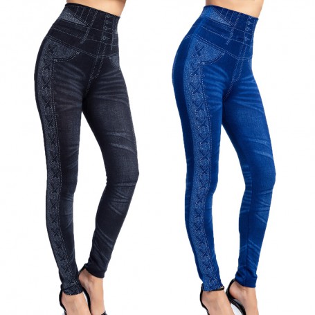 Plus Size 3XL High Waist Faux Denim Jeans Leggings Slim Elastic Seamless Skinny Pencil Pant Female Workout Running Leggings